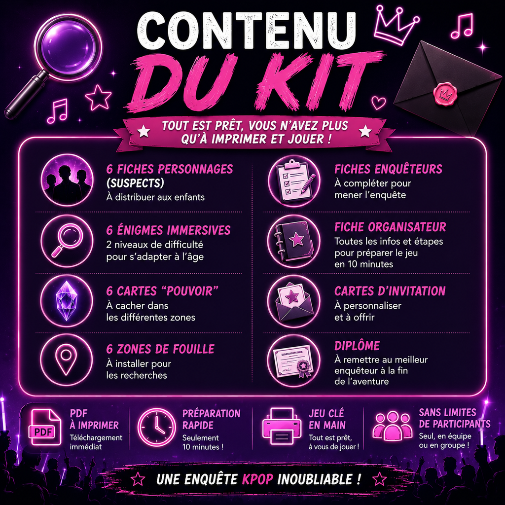 Chasse au trésor K-Pop – 7 à 12 ans | Enquête & Énigmes à Imprimer